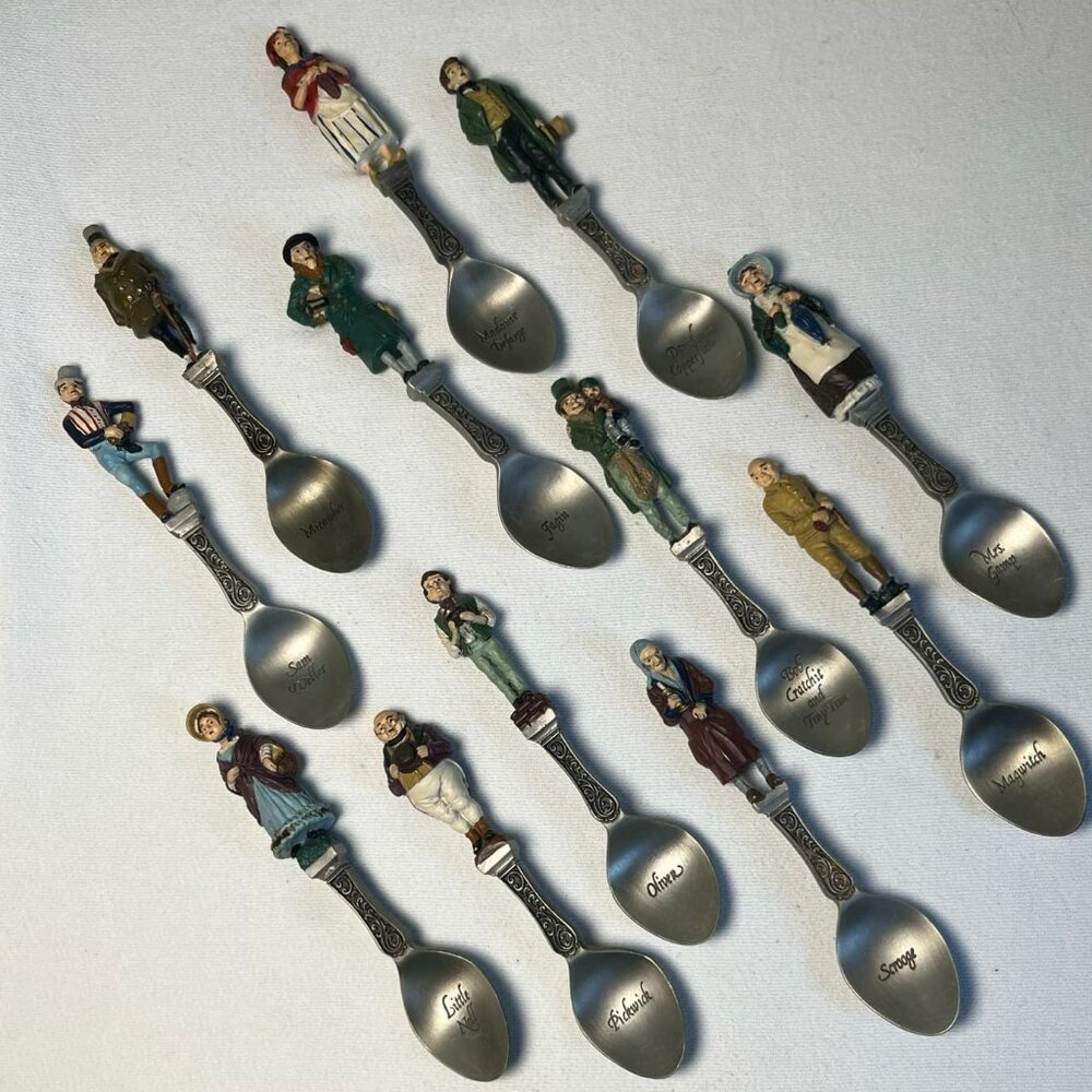 1981 Franklin Mint Charles Dickens Christmas Carol Set of 12 Pewter Spoons